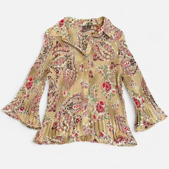 VTG Y2K Serenade NY Light Brown & Red Floral Crinkled Bell Sleeve Collared Top L - Picture 6 of 8